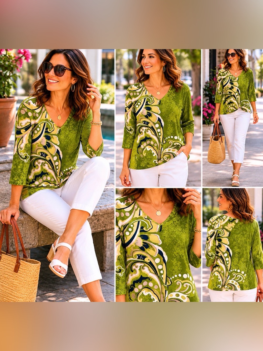 Chico's Olive Green Paisley V-Neck Tunic